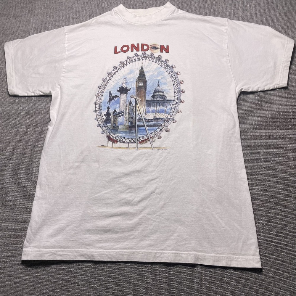 Vintage ZIP-it T Shirt Men 2XL White London Eye Big Ben Souvenir Graphic